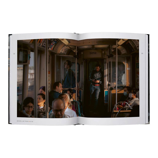 Sure! Here’s a rewritten sentence incorporating the product name: “Chicago in Transit captures urban life inside a Chicago transit car, where passengers sit and stand—some immersed in their phones, others gazing out the window. Sunlight filters through, casting dynamic shadows across the scene. Most commuters appear calm and at ease, while a few wear masks, all reflecting the everyday rhythm that defines Chicago photography.”.