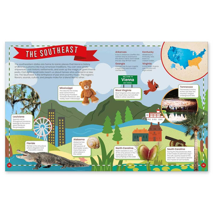 Happy Birthday America: Illustrated Southeast USA kids’ history map featuring states, landmarks, fun facts, alligator, teddy bear, pelican, mountains, ferris wheel, state list & inset US map—perfect for America’s 250th anniversary!.