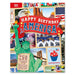 Book cover titled "Happy Birthday America," featuring fireworks, the Statue of Liberty, baseball players, an eagle, cupcakes, and flags—ideal for kids who love American history and want to celebrate America’s 250th anniversary.
