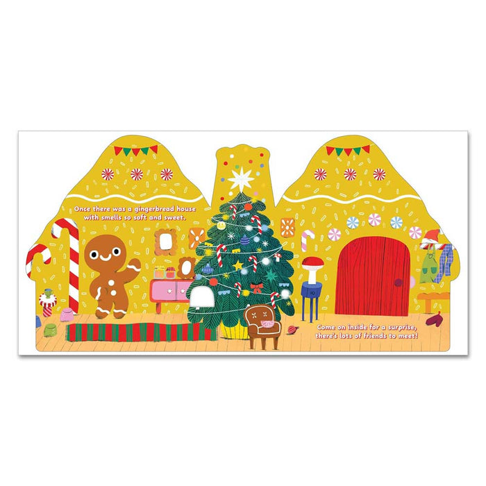 An illustration from the Holiday House: Scratch and Sniff book shows a gingerbread house interior with a smiling gingerbread man and Christmas tree, with text reading: Once there was a gingerbread house with smells so soft and sweet, come on inside.