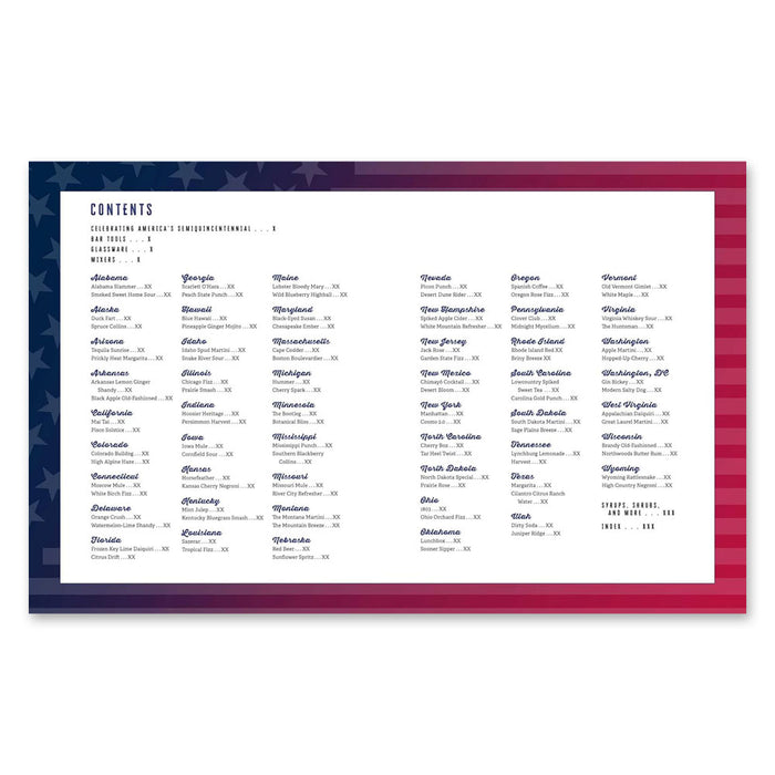 The table of contents in "Spirits of '76: Celebrating 250 Years with Cocktails from Every State" has a gradient red, white, and blue border and lists U.S. states alphabetically in four columns with page numbers for drink recipes.