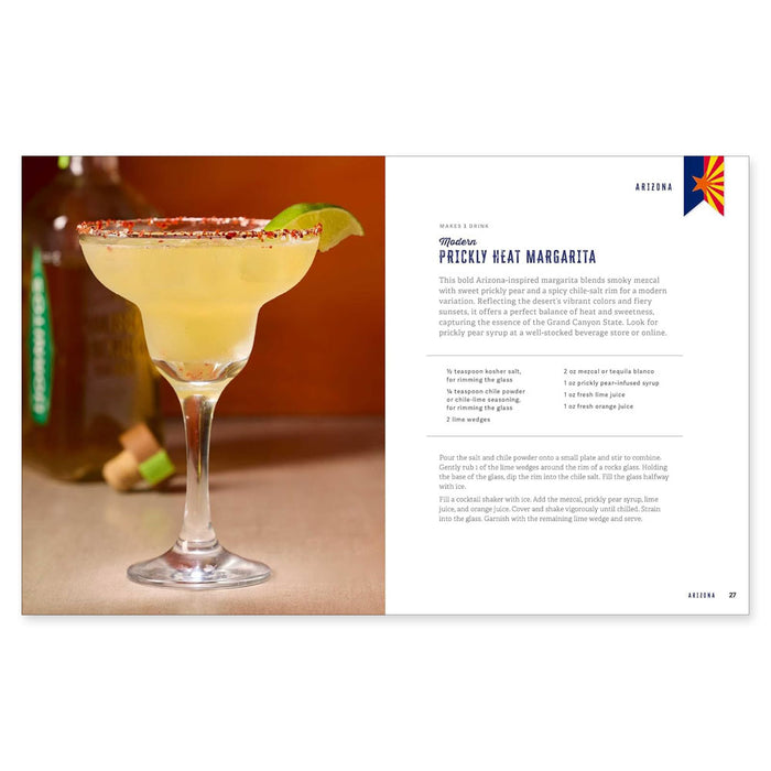 A margarita glass filled with a yellow cocktail, garnished with a lime wedge and chili rim, sits beside a recipe from Spirits of '76: Celebrating 250 Years with Cocktails from Every State—perfect for American cocktail lovers.
