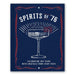 A blue book cover with red and white accents shows a cocktail glass with garnish. The title is Spirits of '76: Celebrating 250 Years with Cocktails from Every State.