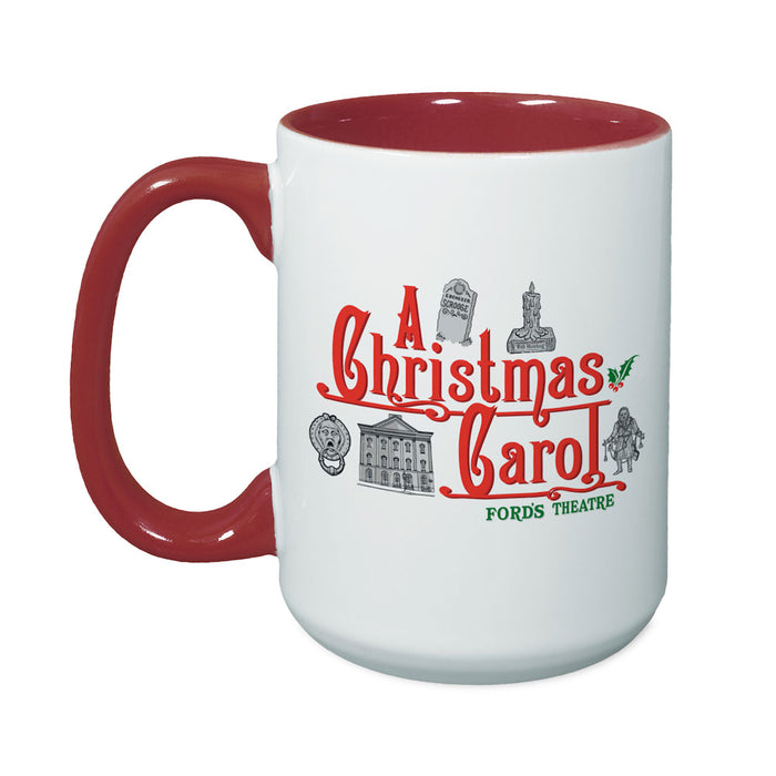 White mug with a red handle and interior, featuring the text A Christmas Carol and Fords Theatre along with illustrations of a gravestone, a candle, a door knocker, and a building.
