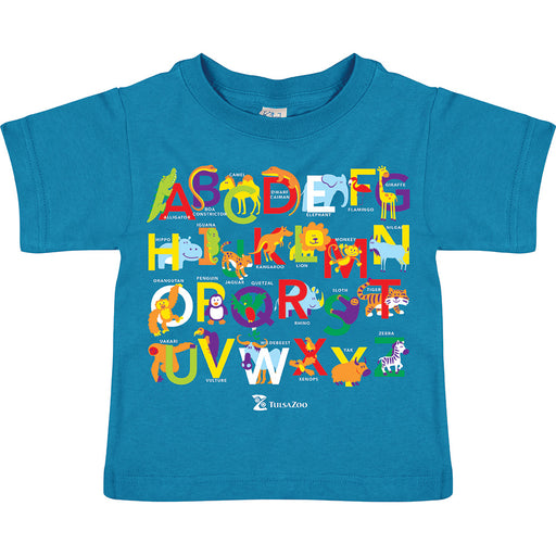 Tulsa Zoo Est. 1928 Safari Alphabet Toddler T-Shirt in blue, featuring the alphabet with each letter illustrated by a colorful animal—like an alligator for A and a zebra for Z—and the Tulsa Zoo logo at the bottom.