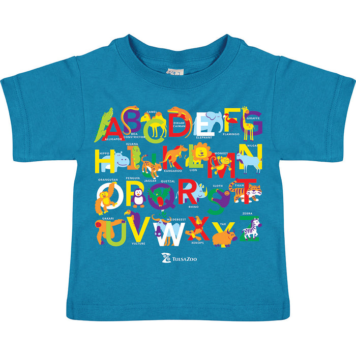 Tulsa Zoo Est. 1928 Safari Alphabet Toddler T-Shirt in blue, featuring the alphabet with each letter illustrated by a colorful animal—like an alligator for A and a zebra for Z—and the Tulsa Zoo logo at the bottom.