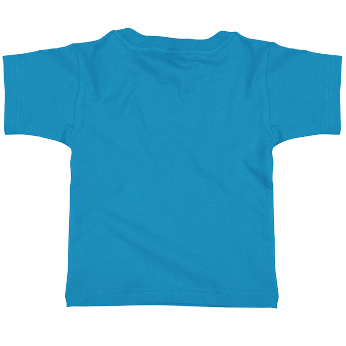 A Tulsa Zoo Est. 1928 Safari Alphabet toddler t-shirt in bright blue is displayed flat with the back side facing up against a white background.