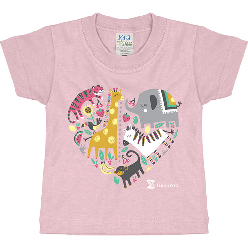 The Tulsa Zoo Est. 1928 Heart Collage Toddler T-Shirt is a pink tee featuring a vibrant heart-shaped design filled with cartoon animals—giraffe, elephant, tiger, zebra, and monkey—plus tropical plants! This adorable animal collage shirt also showcases the Tusazoo logo at the bottom right, making it perfect for little ones who love animals.