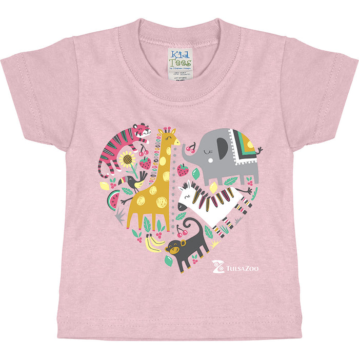 The Tulsa Zoo Est. 1928 Heart Collage Toddler T-Shirt is a pink tee featuring a vibrant heart-shaped design filled with cartoon animals—giraffe, elephant, tiger, zebra, and monkey—plus tropical plants! This adorable animal collage shirt also showcases the Tusazoo logo at the bottom right, making it perfect for little ones who love animals.