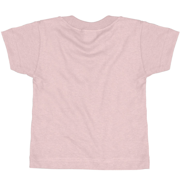 The Tulsa Zoo Est. 1928. Heart Collage Toddler T-Shirt, a plain light pink short-sleeve shirt ideal for zoo outings, is displayed flat with the back side facing up against a white background.