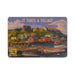A colorful Ford’s Theatre Come from Away It Takes a Village Post Card illustrating a coastal village with houses on a hill above a harbor, featuring the text IT TAKES A VILLAGE at the top and the musical’s logo at the bottom left.