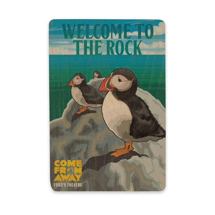 Ford’s Theatre Come from Away Welcome to the Rock Post Card featuring three puffins on a rocky cliff under the text WELCOME TO THE ROCK and COME FROM AWAY.
