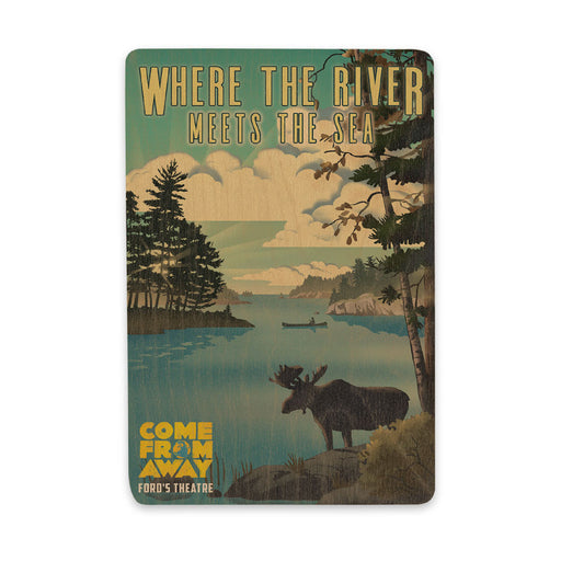 A Ford’s Theatre Come from Away Where the River Meets Post Card featuring a historic keepsake illustration of a moose near a lake and trees, with the text Where the River Meets the Sea at the top and Come From Away Ford’s Theatre at the bottom.