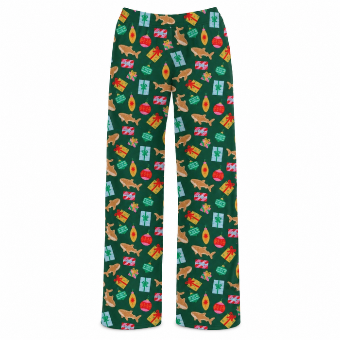 Georgia Aquarium Winter Adult Pajama Pants in dark green with an all-over print of sharks, wrapped gift boxes, and holiday ornaments.