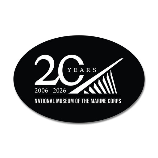 Celebrate two decades of history with the National Museum of the Marine Corps 20th Anniversary Magnet. This black oval magnet features crisp white text reading “20 Years, 2006-2026, National Museum of the Marine Corps,” accented by a modern, stylized graphic element—making it a perfect collectible for any Marine Corps enthusiast.
