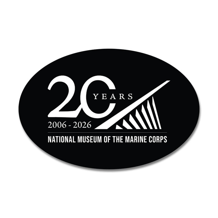 Celebrate two decades of history with the National Museum of the Marine Corps 20th Anniversary Magnet. This black oval magnet features crisp white text reading “20 Years, 2006-2026, National Museum of the Marine Corps,” accented by a modern, stylized graphic element—making it a perfect collectible for any Marine Corps enthusiast.
