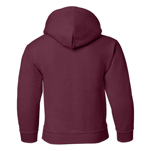 The Tulsa Zoo Est. 1928. Simple Giraffe Hooded Youth Sweatshirt is shown from the back in plain maroon, featuring long sleeves, ribbed cuffs, and a ribbed waistband—perfect for young wildlife conservation enthusiasts or visitors to the Tulsa Zoo.