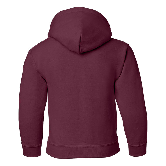 The Tulsa Zoo Est. 1928. Simple Giraffe Hooded Youth Sweatshirt is shown from the back in plain maroon, featuring long sleeves, ribbed cuffs, and a ribbed waistband—perfect for young wildlife conservation enthusiasts or visitors to the Tulsa Zoo.