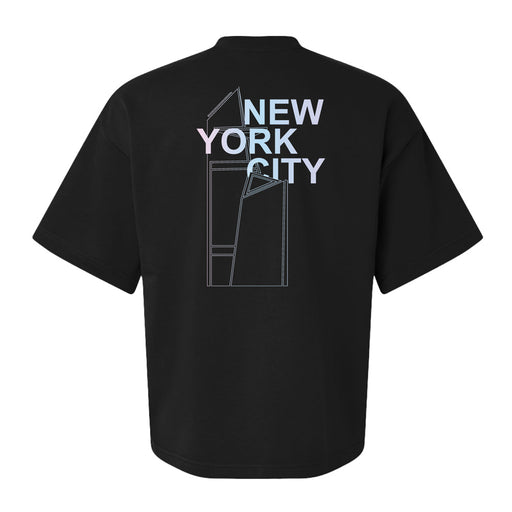 Edge NYC Pearlescent Logo Crew T-Shirt featuring an abstract line drawing of a building inspired by the New York skyline, with NEW YORK CITY displayed in pastel blue and pink letters stacked on the upper back.