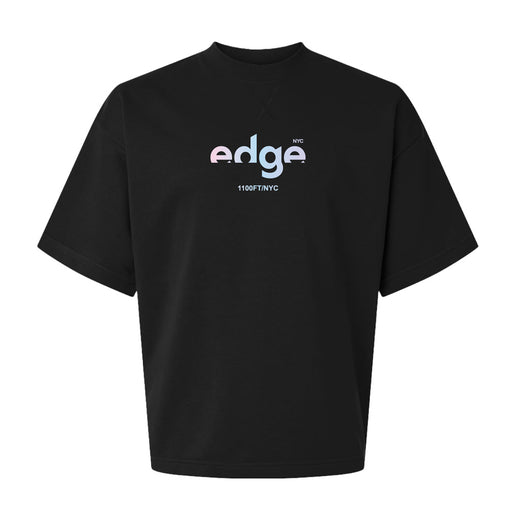 The Edge NYC Pearlescent Logo Crew T-Shirt is a black tee showcasing a large, pastel pearlescent “edge NYC” logo on the front, with “1100FT/NYC” in smaller white text beneath it.