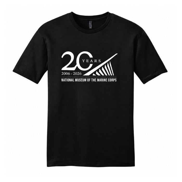 Introducing the National Museum of the Marine Corps 20th Anniversary T-Shirt—a black tee featuring bold white text: “20 Years 2006-2026 National Museum of the Marine Corps,” along with a striking stylized building graphic. This commemorative shirt is the perfect way to celebrate two decades of Marine Corps history.