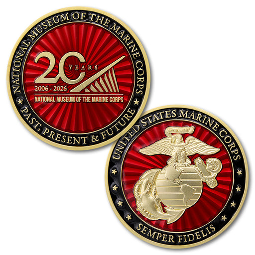 Celebrate the legacy of the Marine Corps with two stunning commemorative coins. The first, the National Museum of the Marine Corps 20th Anniversary Coin, proudly displays “2006-2026” to mark two decades of honor and service. The second coin features the iconic Marine Corps emblem and Semper Fidelis motto on a vivid red, gold, and black background. Perfect for honoring proud service or enhancing your National Museum of the Marine Corps collection, these remarkable pieces are must-have collectibles for any