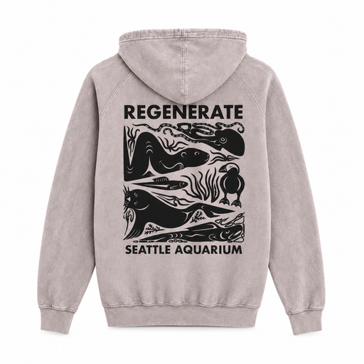 Back view of a Seattle Aquarium Regenerate Hooded Sweatshirt featuring a black graphic print of sea life, including an octopus, otter, seal, and bird, with the text REGENERATE SEATTLE AQUARIUM.