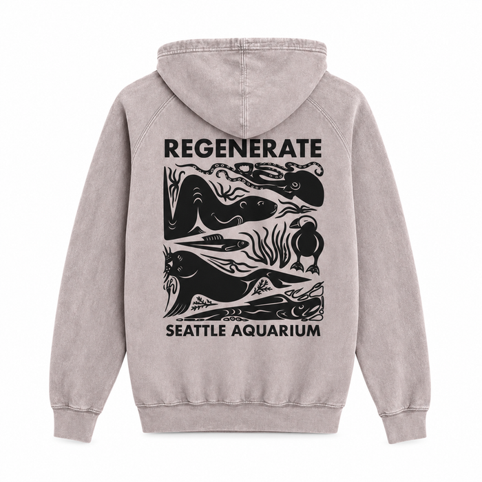 Back view of a Seattle Aquarium Regenerate Hooded Sweatshirt featuring a black graphic print of sea life, including an octopus, otter, seal, and bird, with the text REGENERATE SEATTLE AQUARIUM.
