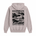 Back view of a Seattle Aquarium Regenerate Hooded Sweatshirt featuring a black graphic print of sea life, including an octopus, otter, seal, and bird, with the text REGENERATE SEATTLE AQUARIUM.
