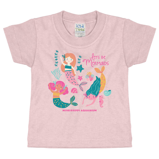 The Mississippi Aquarium Be Mermaids Toddler T-Shirt features a charming design with three colorful mermaids, lively sea plants, and a friendly seahorse. The shirt showcases the phrases “lets be Mermaids” and “MISSISSIPPI AQUARIUM,” while each mermaid displays a unique hair color and happy expression—making it an ideal pick for young ocean enthusiasts.