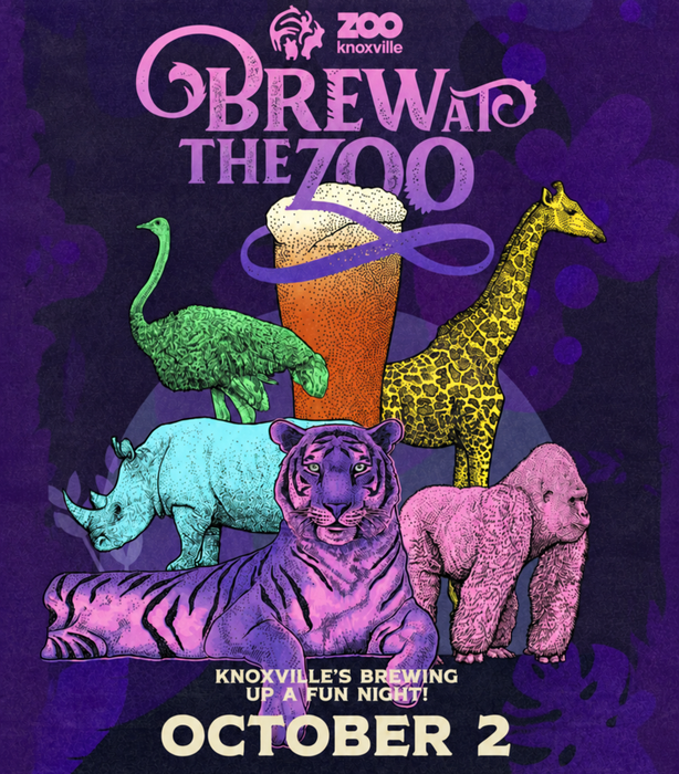 The Zoo Knoxville Brew at the Zoo Poster features colorful illustrations of a giraffe, ostrich, rhino, bear, and tiger encircling a beer glass set on a Brew at the Zoo coaster. The design includes the event text: “Zoo Knoxville Brew at the Zoo. Knoxville’s brewing up a fun night! October 2,” all on a vibrant purple background with decorative touches.