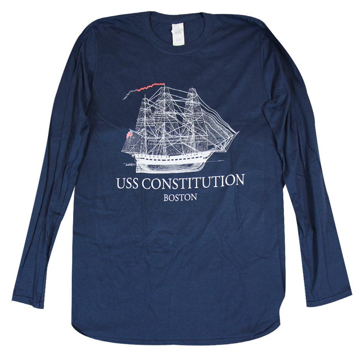 Adult Clothing Navy Line Drawing Long Sleeve Tee - USS Constitution