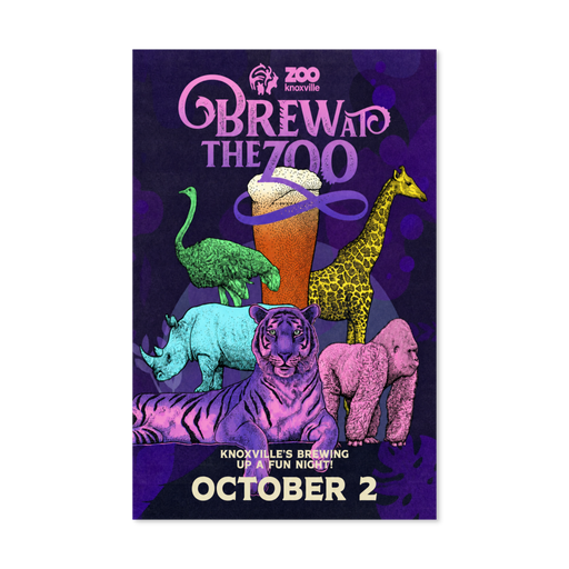 The Zoo Knoxville Brew at the Zoo Poster features vibrant wildlife art with animals, a beer glass, and retro-style “BREW AT THE ZOO” text. It highlights “KNOXVILLE’S BREWING UP A FUN NIGHT!” and the date “OCTOBER 2” below. This eye-catching poster for Zoo Knoxville stands out with a purple background and abstract shapes.