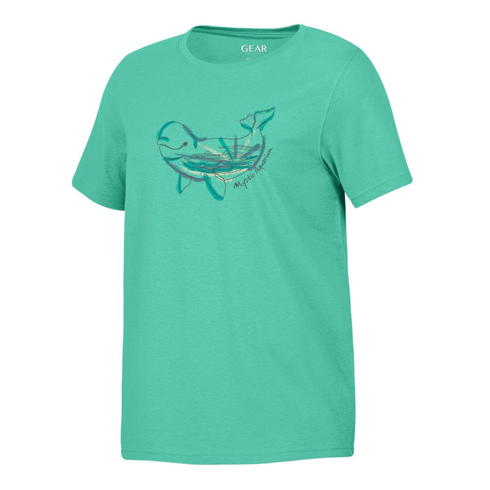 Mystic Aquarium Beluga Big Women’s T-Shirt in aqua-green with short sleeves, showcases an outline drawing of a beluga whale filled with waves and the words “Maple Humpback” near the tail, inspired by the gentle giants at Mystic Aquarium.