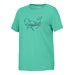 Mystic Aquarium Beluga Big Women’s T-Shirt in aqua-green with short sleeves, showcases an outline drawing of a beluga whale filled with waves and the words “Maple Humpback” near the tail, inspired by the gentle giants at Mystic Aquarium.