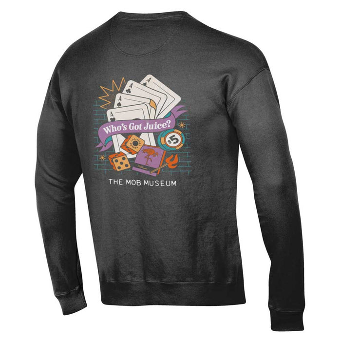 The MOB Museum Who’s Got Juice Crewneck Sweatshirt is a black unisex crewneck featuring a vibrant back design with playing cards, dice, casino chips, and the phrase “Who’s Got Juice?”—the perfect casino-themed sweatshirt inspired by The Mob Museum.