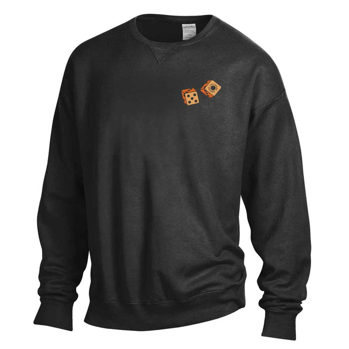 The MOB Museum Who’s Got Juice Crewneck Sweatshirt is a black unisex, casino-themed piece featuring two small orange dice—one displaying five and the other one—printed on the left chest. Reminiscent of collectible apparel like a MOB Museum t-shirt, this crewneck is presented against a clean white background for a modern and stylish look.