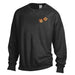 The MOB Museum Who’s Got Juice Crewneck Sweatshirt is a black unisex, casino-themed piece featuring two small orange dice—one displaying five and the other one—printed on the left chest. Reminiscent of collectible apparel like a MOB Museum t-shirt, this crewneck is presented against a clean white background for a modern and stylish look.