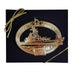 The USS Battleship IOWA Ornament is gold plated, engraved with “USS IOWA” and “Battleship IOWA,” displayed on a black background, and includes a gold ribbon for hanging.