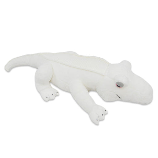 The 54'' Giant Plush White Alligator is a white plush toy with black-stitched claws and eyes, shown lying on its stomach against a plain white background.