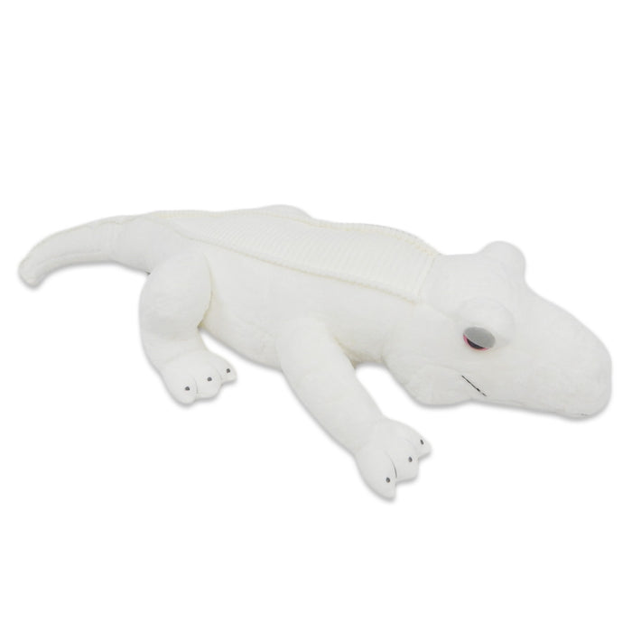 The 54'' Giant Plush White Alligator is a white plush toy with black-stitched claws and eyes, shown lying on its stomach against a plain white background.