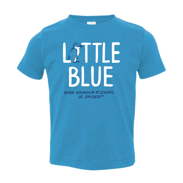 Birch Aquarium Lil' Blue Penguin Toddler T-Shirt: This unisex toddler tee has white "LITTLE BLUE" text, a cute penguin graphic, and “Birch Aquarium at Scripps UC San Diego™” for an official touch.