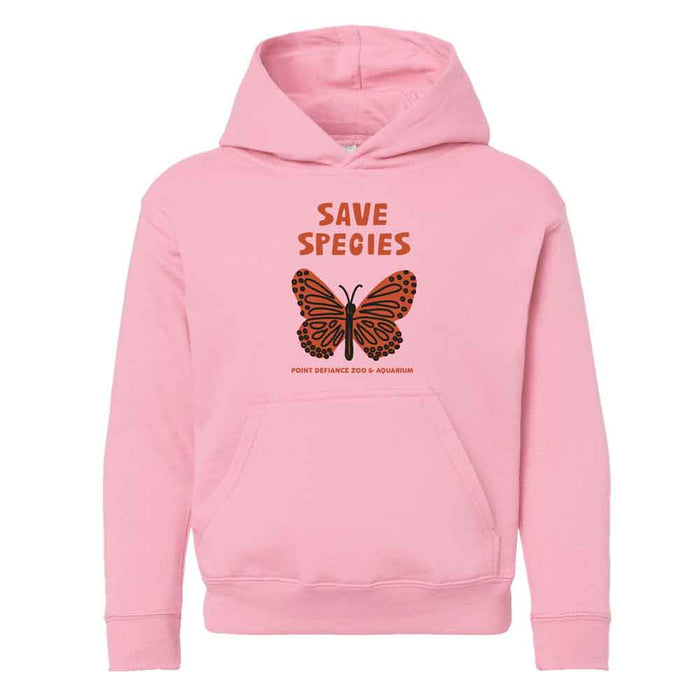 The Point Defiance Zoo & Aquarium Earth Heroes Youth Hooded Sweatshirt is light pink with a front pocket, butterfly graphic and “SAVE SPECIES” in bold orange. Below, it reads “POINT DEFIANCE ZOO & AQUARIUM.”.