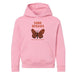 The Point Defiance Zoo & Aquarium Earth Heroes Youth Hooded Sweatshirt is light pink with a front pocket, butterfly graphic and “SAVE SPECIES” in bold orange. Below, it reads “POINT DEFIANCE ZOO & AQUARIUM.”.