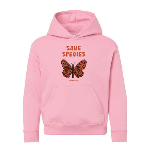 The Zoo Atlanta Save Species Youth Hooded Sweatshirt is a pink kids’ hoodie with a front pocket, bold SAVE SPECIES lettering, and an orange and black butterfly illustration—perfect for young nature lovers.