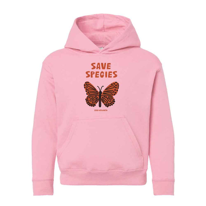 The Zoo Atlanta Save Species Youth Hooded Sweatshirt is a pink kids’ hoodie with a front pocket, bold SAVE SPECIES lettering, and an orange and black butterfly illustration—perfect for young nature lovers.