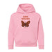 The Zoo Atlanta Save Species Youth Hooded Sweatshirt is a pink kids’ hoodie with a front pocket, bold SAVE SPECIES lettering, and an orange and black butterfly illustration—perfect for young nature lovers.