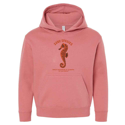 The Birch Aquarium Save Species Youth Hooded Sweatshirt is a pink hoodie with a seahorse illustration and "Save Species" text, plus "Birch Aquarium at Scripps, UC San Diego" below. Features include a front pocket and drawstring hood.