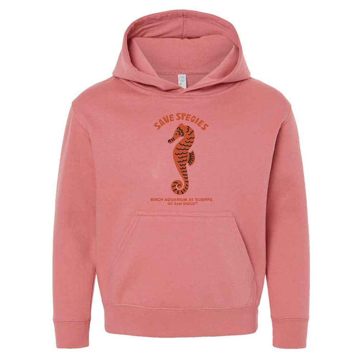 The Birch Aquarium Save Species Youth Hooded Sweatshirt is a pink hoodie with a seahorse illustration and "Save Species" text, plus "Birch Aquarium at Scripps, UC San Diego" below. Features include a front pocket and drawstring hood.