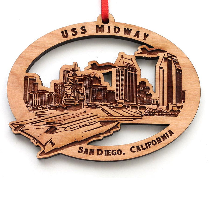 USS Midway San Diego Skyline Wood Christmas Ornament